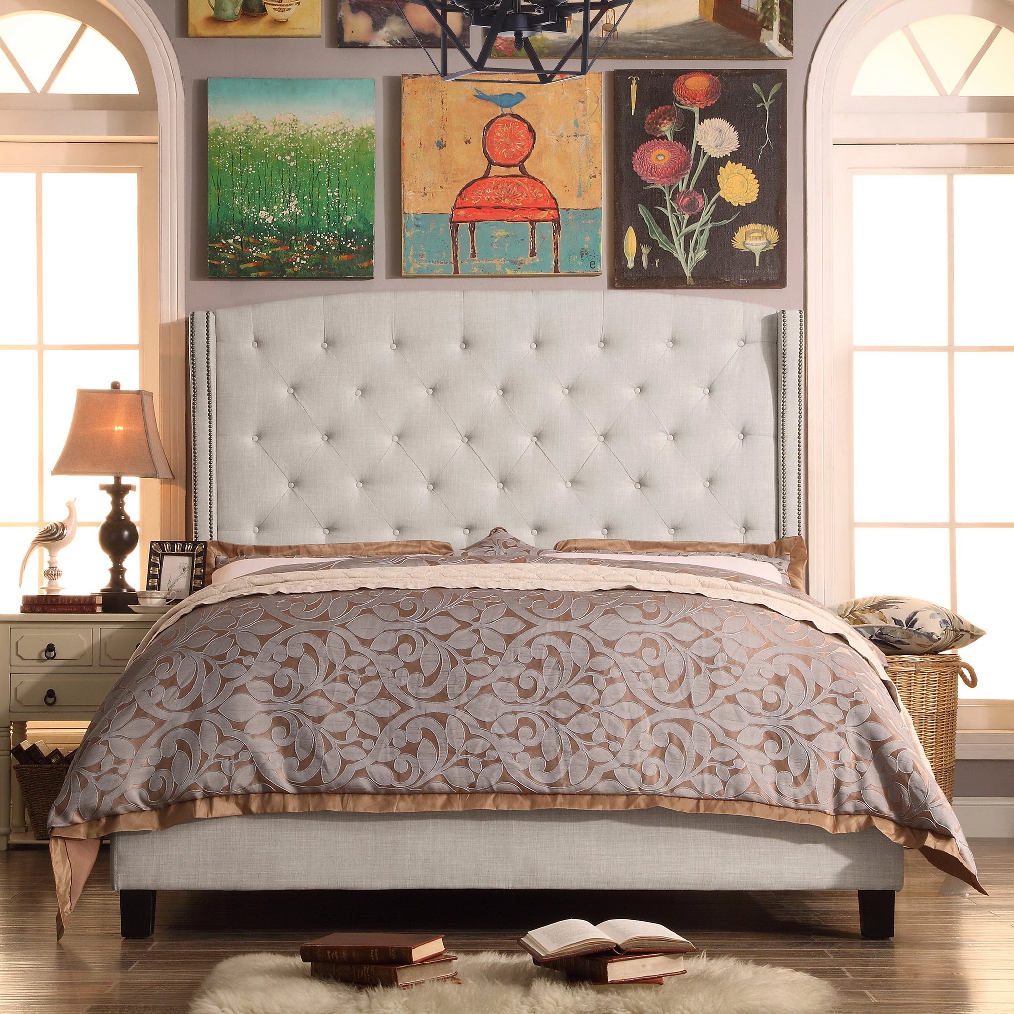 Monroe Nailhead Upholstered Wingback Panel Bed Millbury Home