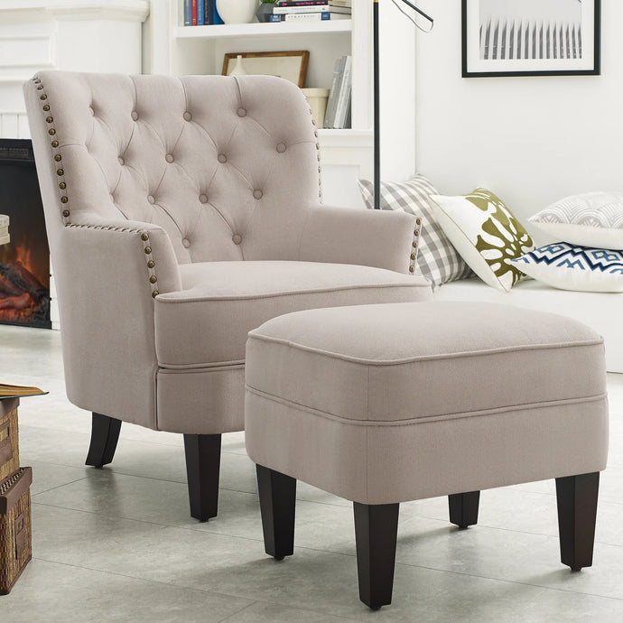 Gustavo Tufted Wingback Nailhead Trim Contemporary Accent Chair with Ottoman