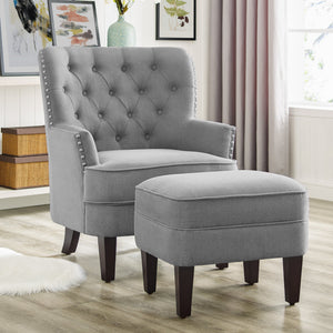 Gustavo Tufted Wingback Nailhead Trim Contemporary Accent Chair with Ottoman