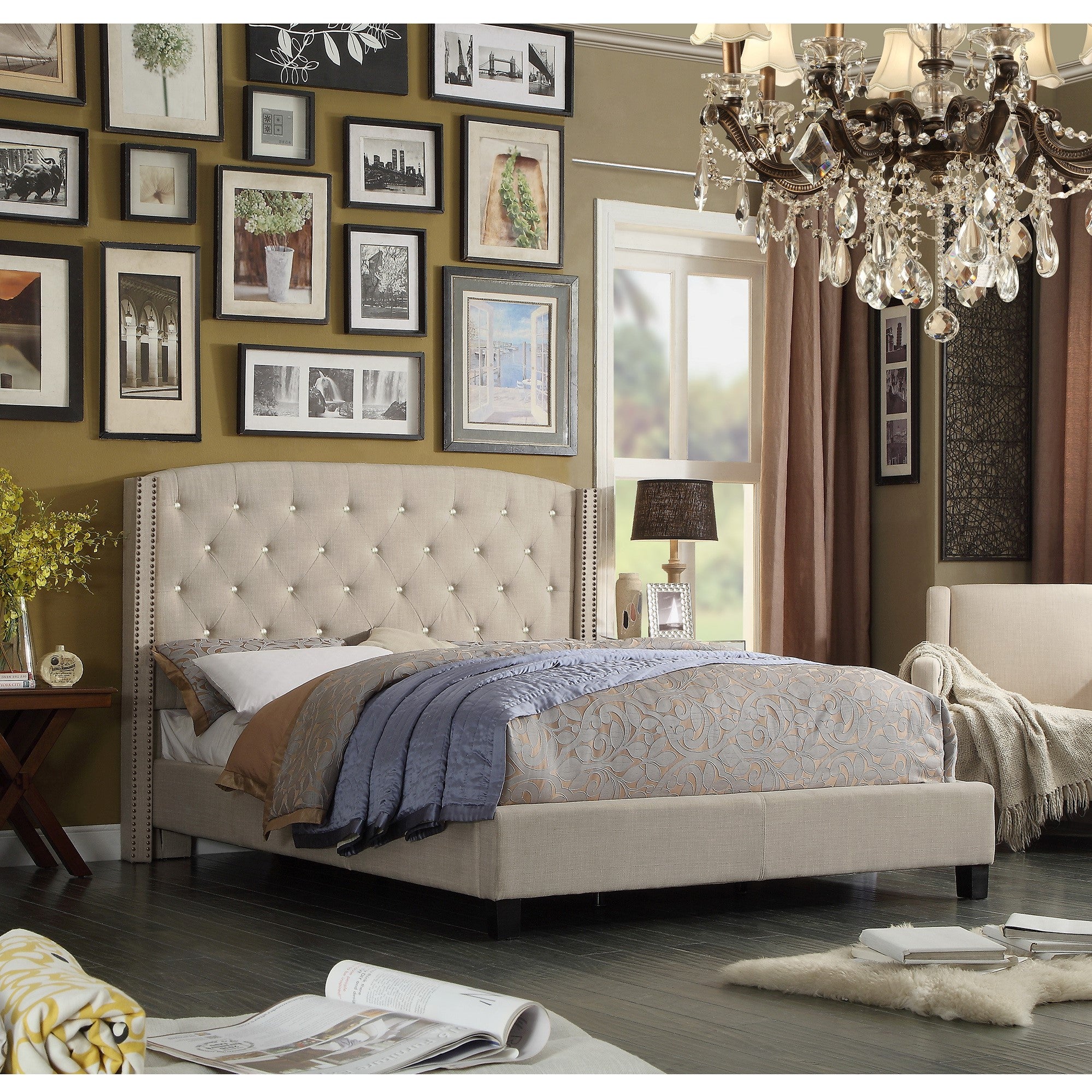 Harvey Nailhead Upholstered Wingback with Crystal Tufting Panel